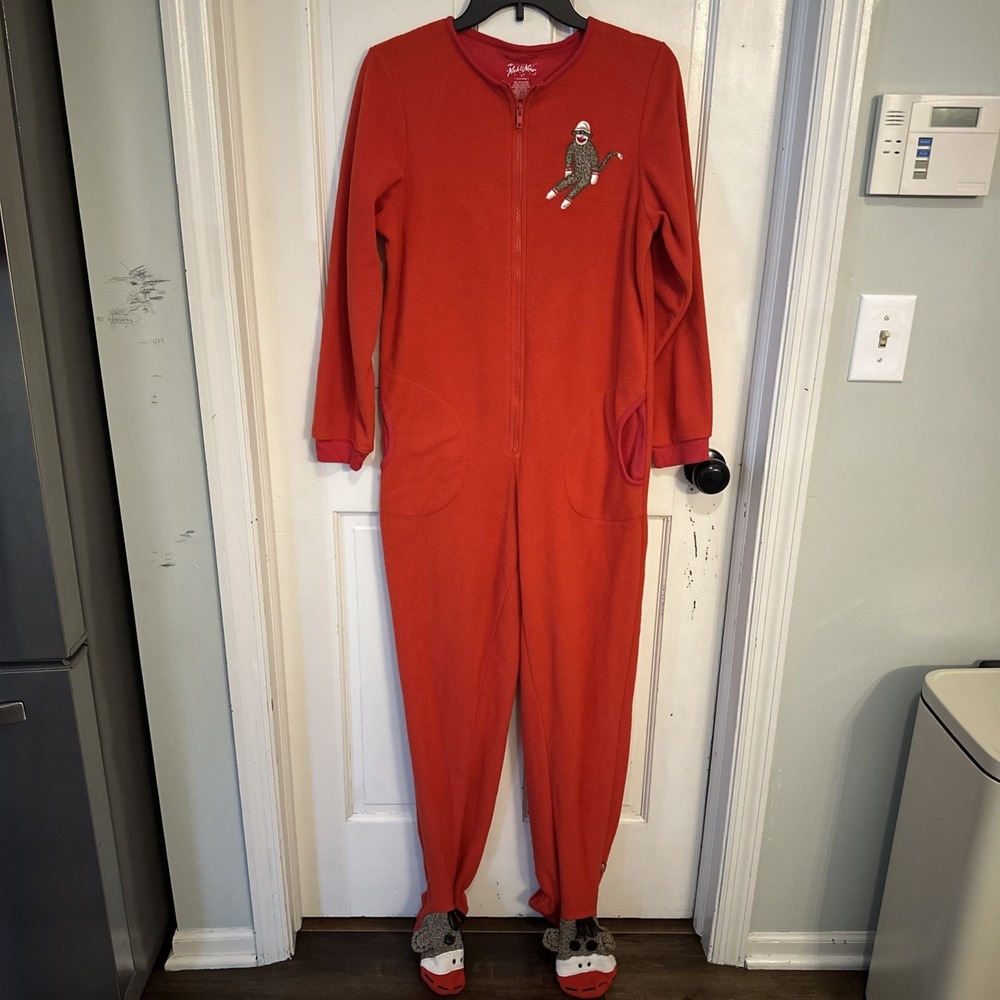 NICK & NORA Sock Monkey One Piece Pajamas Sleepwear Footed Adult Small Full Zip